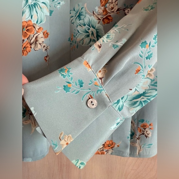 NWT Pendleton Silk Stretch Blouse Teal Gold Floral Button Front Women's Size 14 - Picture 6 of 16